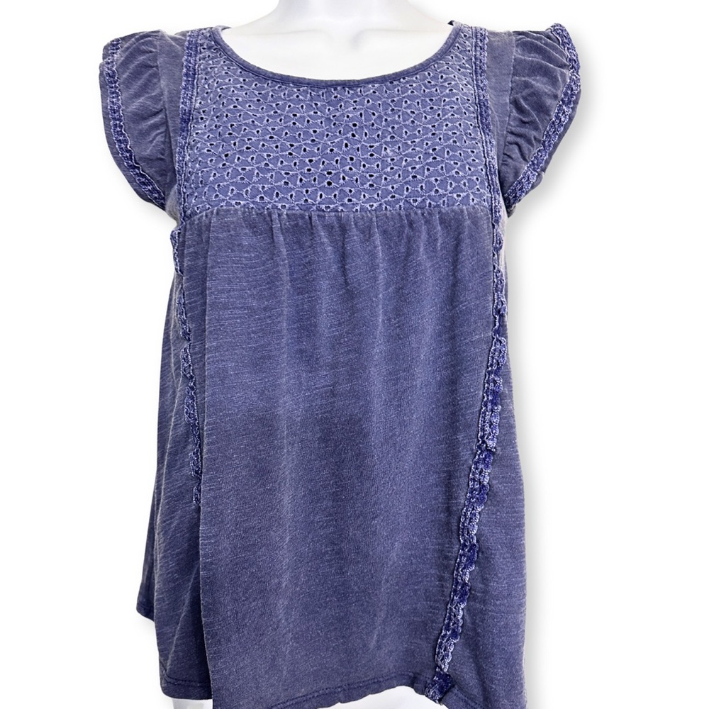 Cat & Jack Blue Babydoll Chambray Top by Ruffled Cap Sleeves Girls SZ qM